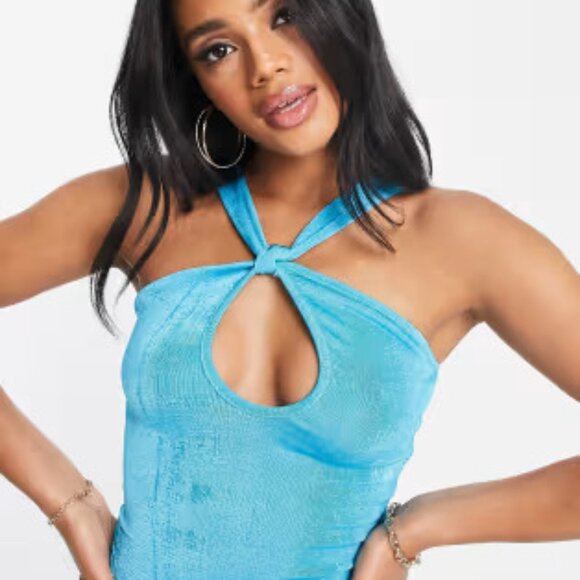 ASOS ASYOU Twist Halter Neck Mini Dress in Aqua - Picture 3 of 8